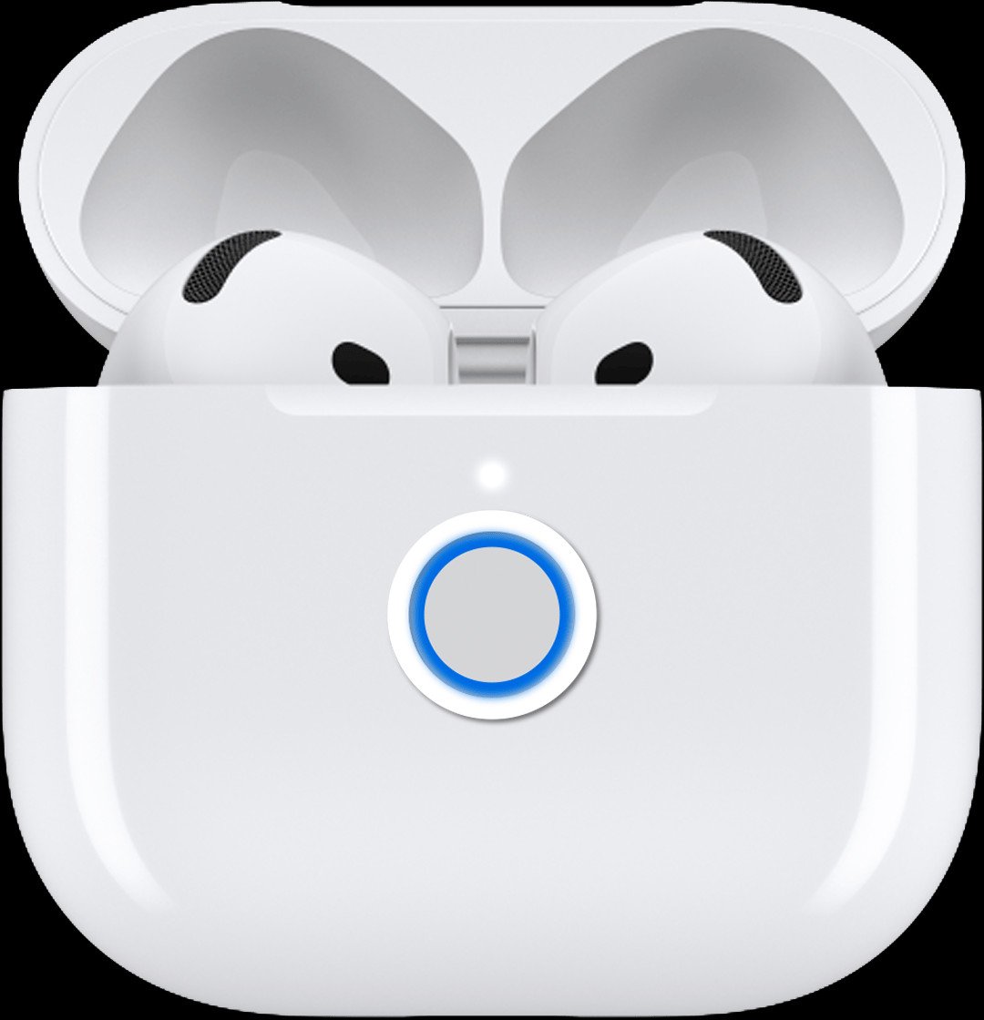 AirPod thế hệ 4 trong hộp sạc với đèn trạng thái nhấp nháy trắng, sẵn sàng ghép nối.