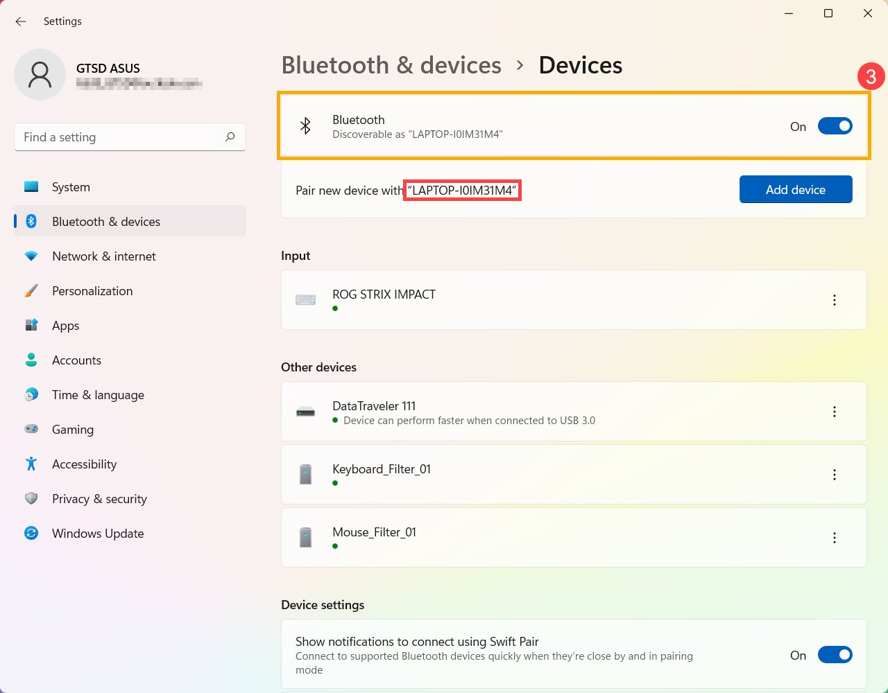 Bật Bluetooth trên máy tính Windows 11 và xem tên thiết bị để kết nối tai nghe