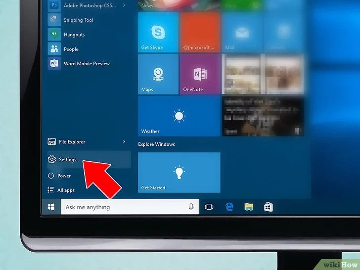 Biểu tượng Settings hình bánh răng trong menu Start, chuẩn bị ghép nối tai nghe bluetooth