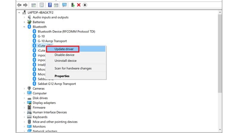 Cập nhật driver Bluetooth cho Win 10 bằng cách chọn Update Driver