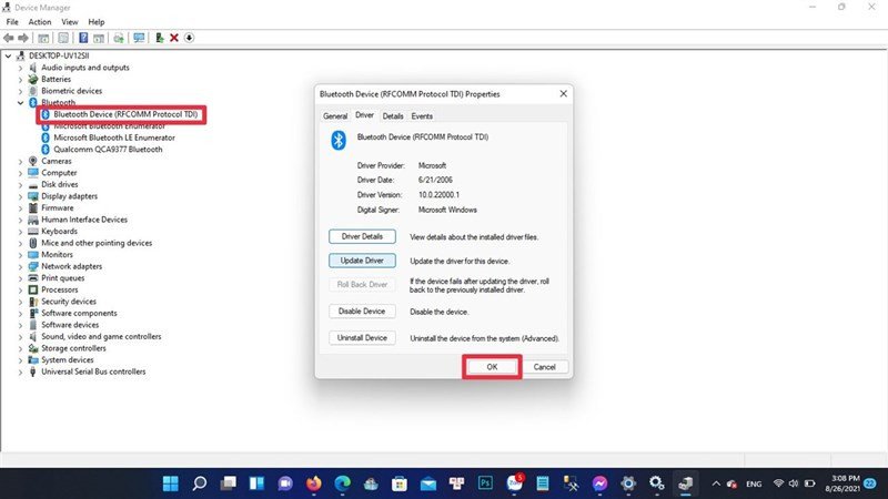 Cập nhật driver Bluetooth trong Device Manager để cải thiện kết nối Win 11