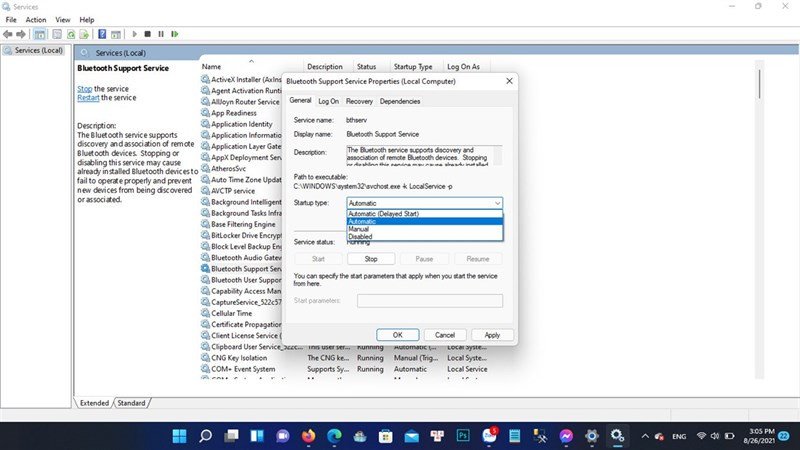 Cấu hình Bluetooth Support Service thành Automatic và Start trên Windows 11