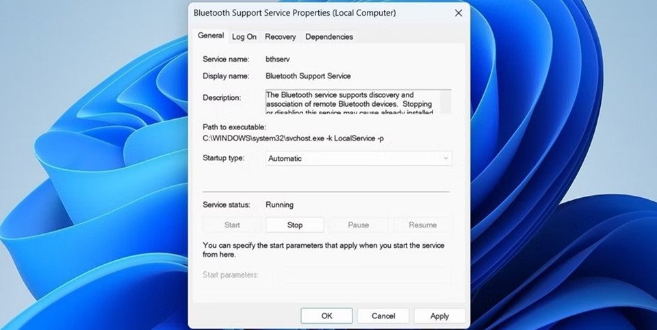 Cấu hình loại khởi động cho dịch vụ Bluetooth Support Service trên Windows 11