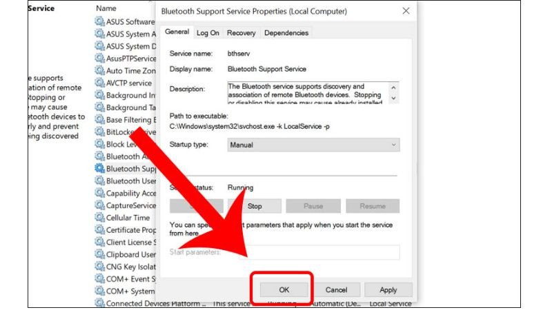 Cấu hình loại khởi động tự động cho dịch vụ Bluetooth Support