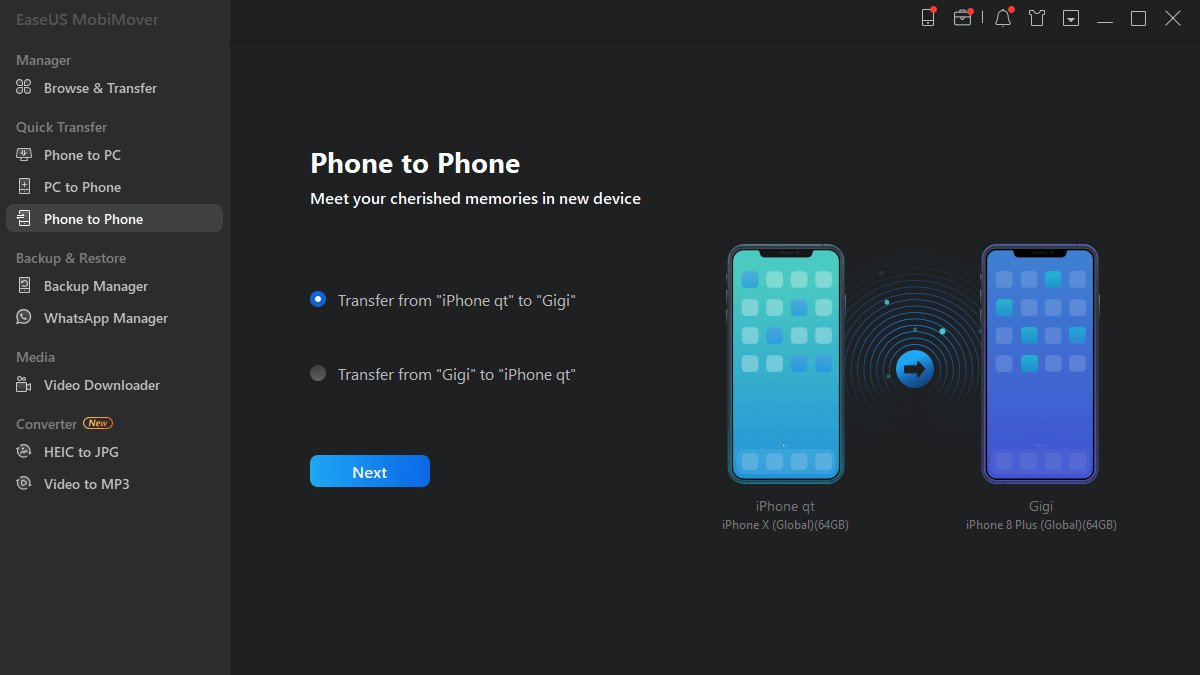 Chọn chế độ Phone to Phone trên ứng dụng Easeus MobiMover để chuyển dữ liệu sang iPhone mới