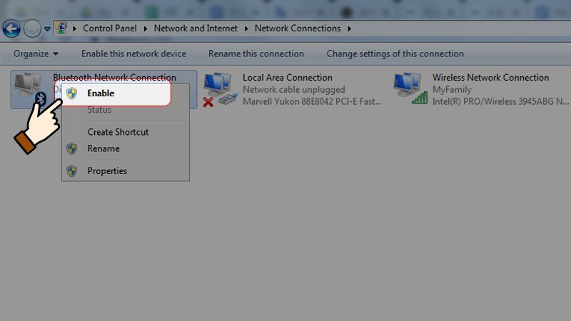 Chọn Enable Bluetooth Network Connection trong cửa sổ Network Connections