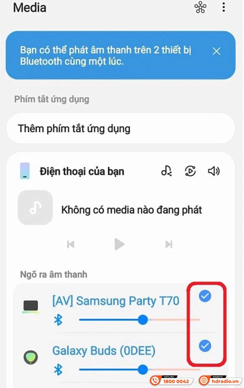 Chọn hai loa Bluetooth từ danh sách ngõ ra âm thanh