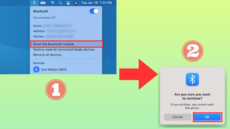 Chọn 'Reset the Bluetooth module' trong menu Bluetooth ẩn để khắc phục lỗi kết nối chuột Bluetooth với MacBook