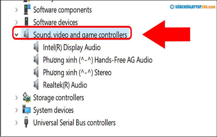 chọn sound video and game controllers trong device manager