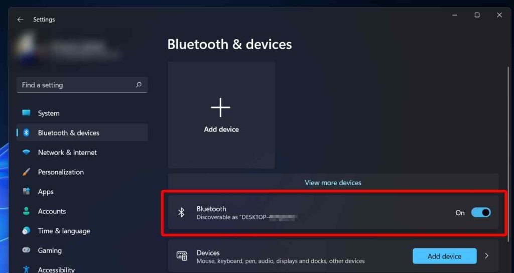 Công tắc bật tắt Bluetooth đã được kích hoạt trong Windows 11 hiển thị trạng thái đã bật.
