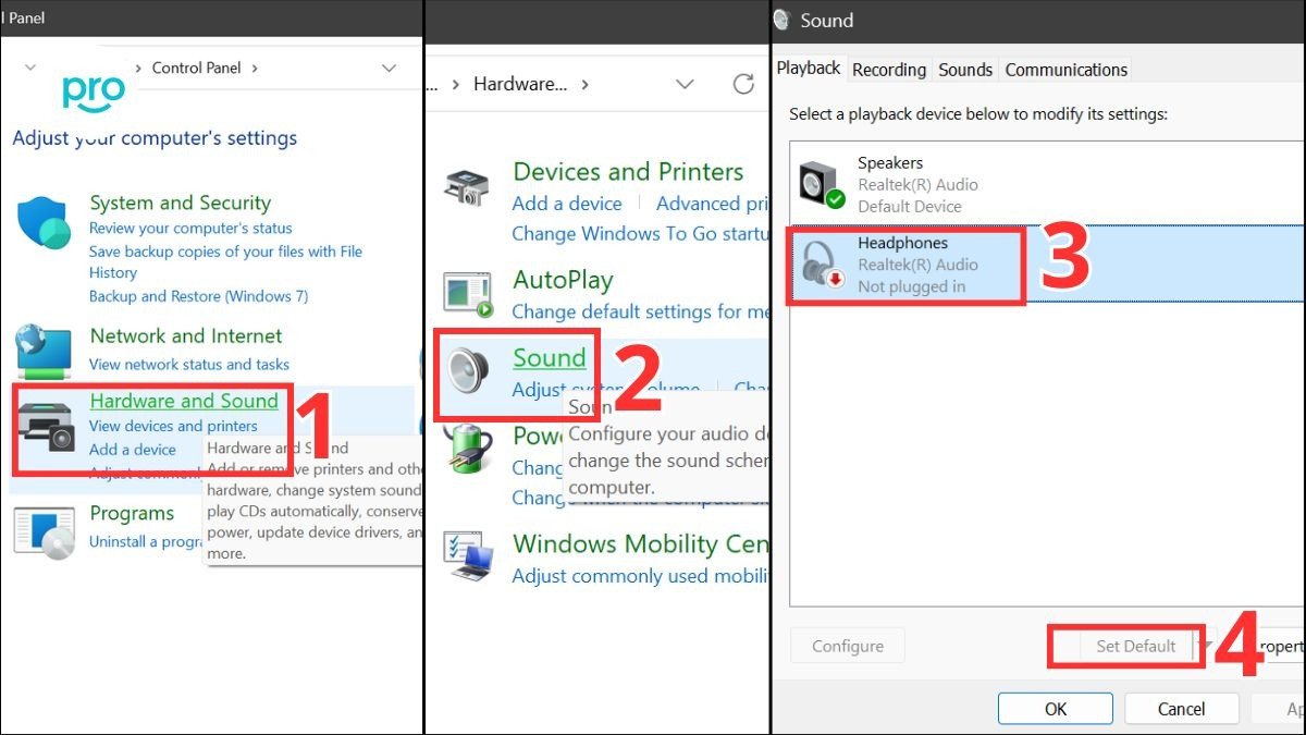 Cửa sổ cài đặt âm thanh của Windows, hiển thị tab Playback với tai nghe Bluetooth được chọn và nút "Set Default"
