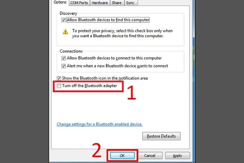 Cửa sổ cài đặt Bluetooth trên Windows 7