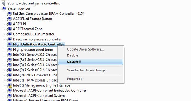 Cửa sổ Device Manager hiển thị tùy chọn gỡ cài đặt Driver âm thanh để khắc phục sự cố kết nối