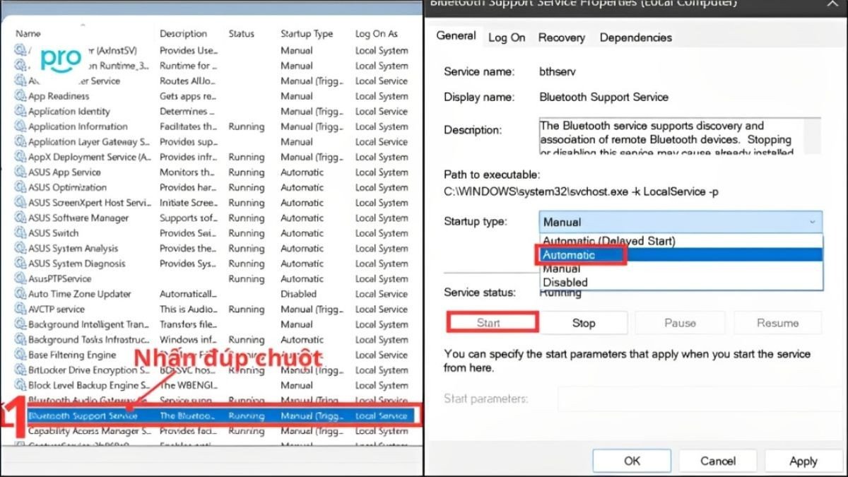 Cửa sổ Properties của Bluetooth Support Service trên Windows, với "Startup type" được đặt thành Automatic và dịch vụ đang chạy