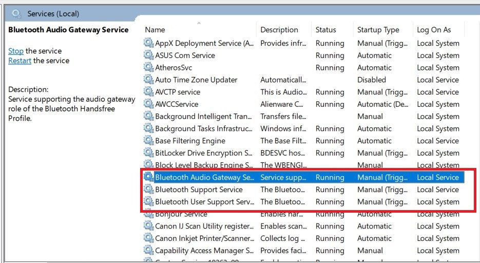 Cửa sổ Services hiển thị trạng thái của Bluetooth Support Service