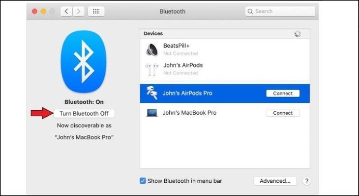 Danh sách các thiết bị Bluetooth khả dụng trong cài đặt macOS, sẵn sàng để người dùng chọn và kết nối với máy tính bàn.