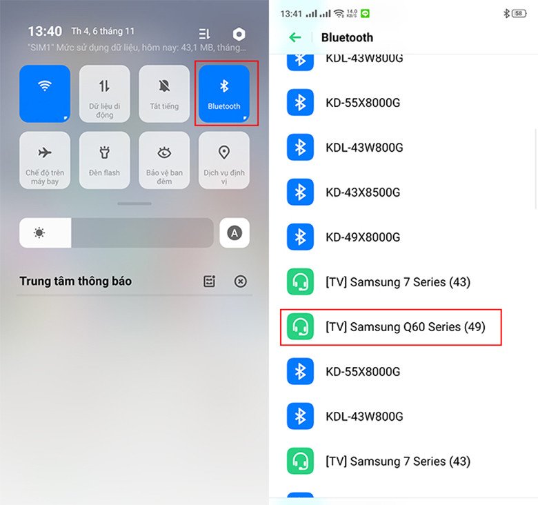 Điện thoại tìm kiếm Smart tivi Samsung để kết nối Bluetooth