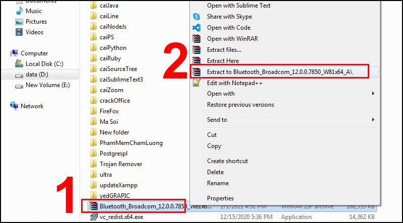Giải nén file driver Bluetooth đã tải về