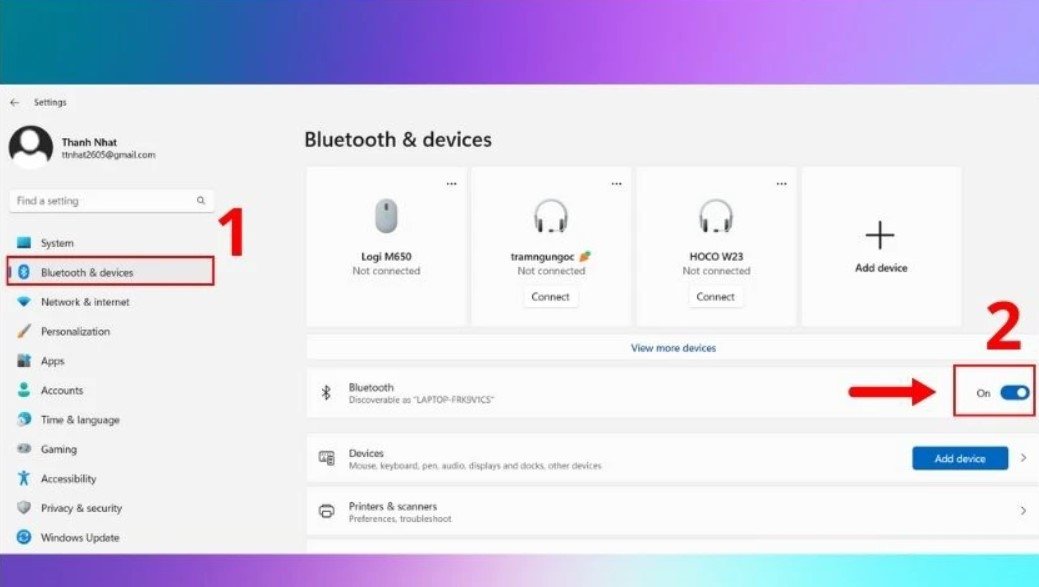 Giao diện bật Bluetooth trên máy tính Windows để kết nối loa