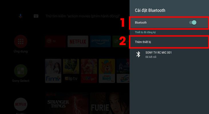 Giao diện bật Bluetooth và thêm thiết bị mới để kết nối loa không dây với tivi Sony.