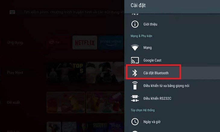 Giao diện cài đặt Bluetooth trên tivi, minh họa các bước để bật Bluetooth trên tivi.