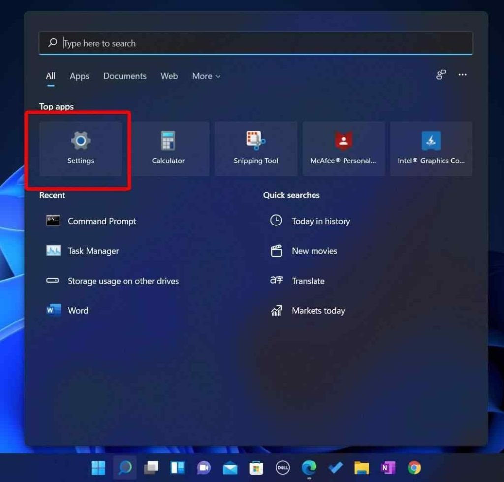 Giao diện tìm kiếm trong Windows 11 để mở ứng dụng Cài đặt nhằm bật Bluetooth.