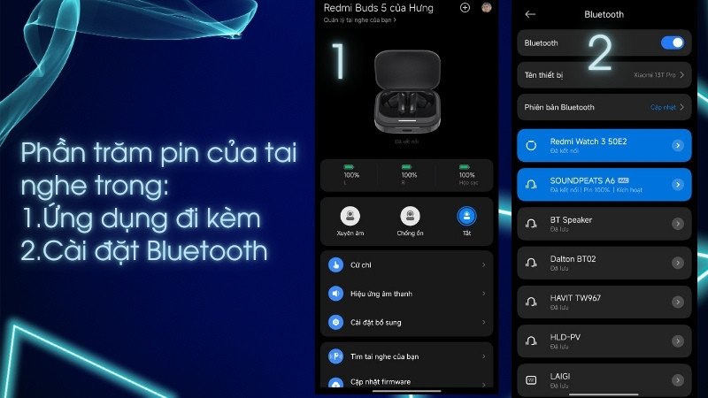 Giao diện ứng dụng hiển thị phần trăm pin chi tiết của tai nghe Bluetooth và hộp sạc