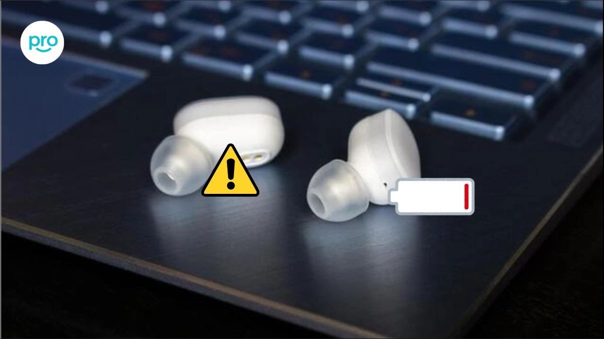 Hình ảnh tai nghe Bluetooth với đèn báo pin yếu hoặc đang sạc, biểu thị vấn đề nguồn điện có thể gây mất âm thanh
