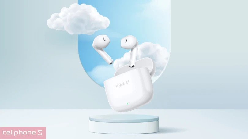 Hộp sạc và tai nghe bluetooth true wireless Huawei FreeBuds SE 2 màu trắng đang được sạc