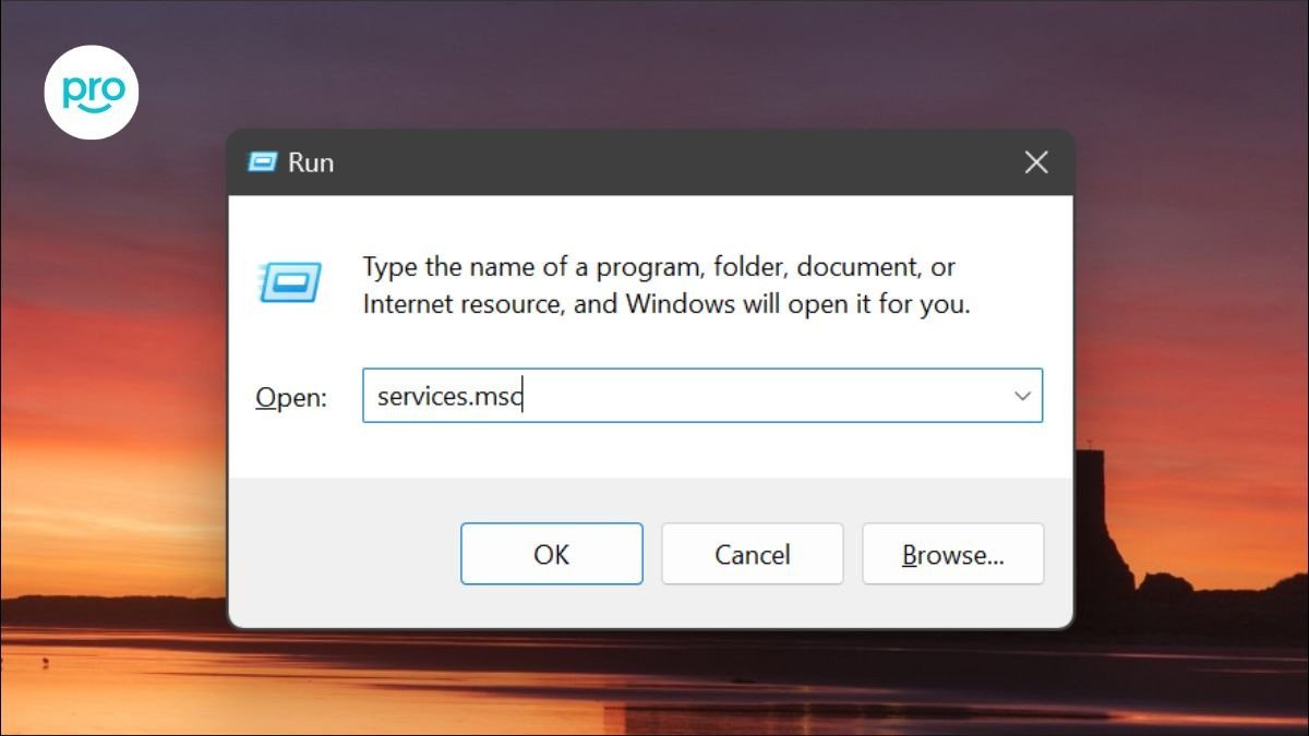 Hộp thoại Run trên Windows, hiển thị lệnh "services.msc" để mở cửa sổ Services, nơi quản lý các dịch vụ hệ thống