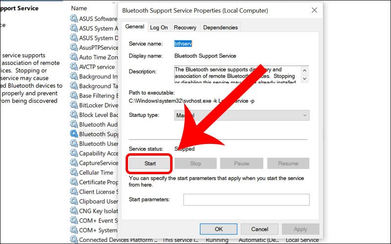Khởi động dịch vụ Bluetooth Support Service để sửa lỗi win 10 không có bluetooth