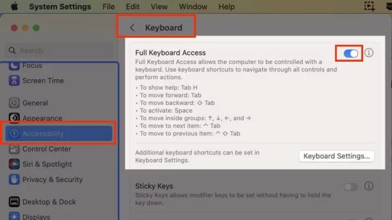 Kích hoạt Full Keyboard Access trong cài đặt Keyboard để sử dụng phím Tab trong quá trình kết nối chuột Bluetooth