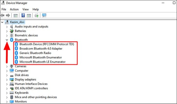 Kiểm tra sự hiện diện của Bluetooth trong Device Manager khi máy tính không kết nối được bluetooth