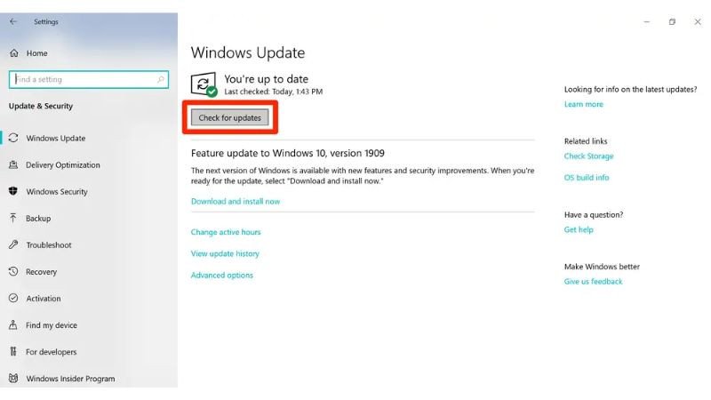 Kiểm tra và cài đặt các bản cập nhật Windows, bao gồm driver Bluetooth cho Win 10