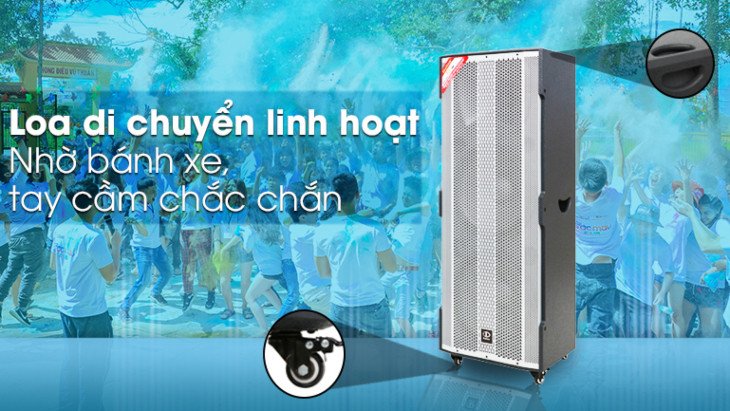 Loa kéo nhỏ gọn có bánh xe, dễ dàng di chuyển và sắp xếp