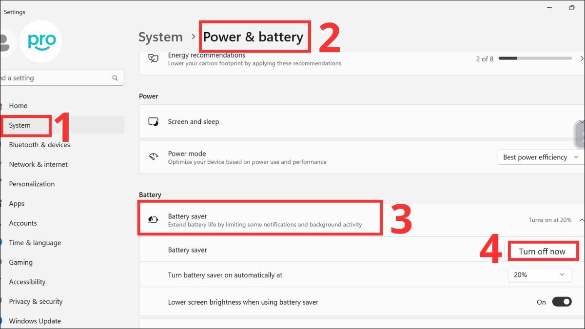 Màn hình cài đặt Battery saver trên Windows, hiển thị tùy chọn "Turn off now" để tắt chế độ tiết kiệm pin