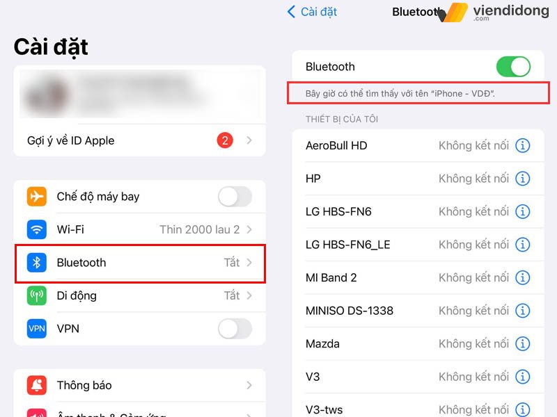 Màn hình cài đặt Bluetooth trên iPhone cho thấy tên thiết bị đã được cập nhật thành công.