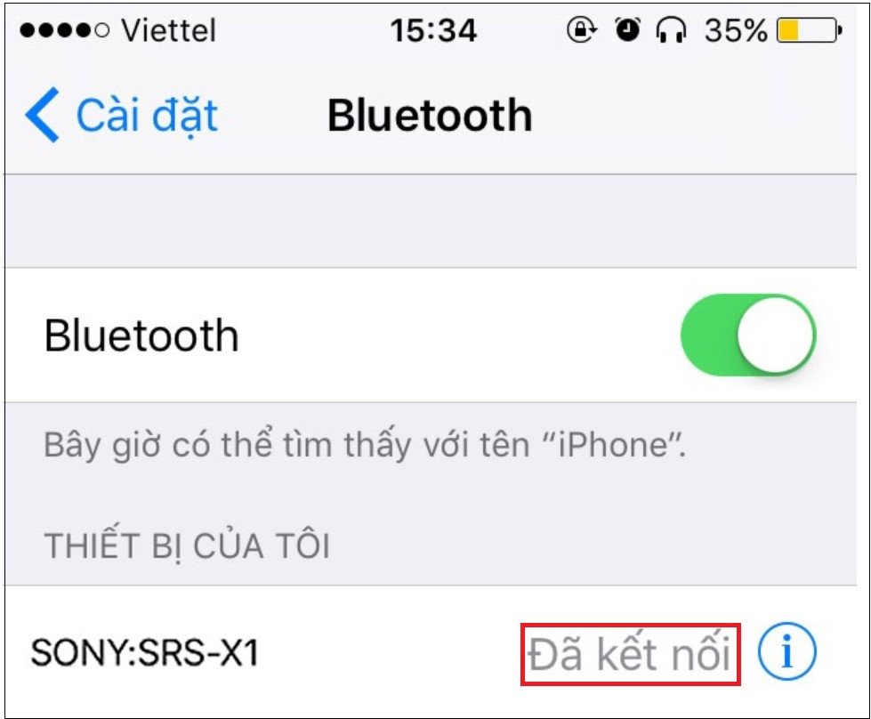 Màn hình iPhone xác nhận kết nối loa Bluetooth thành công, sẵn sàng phát nhạc