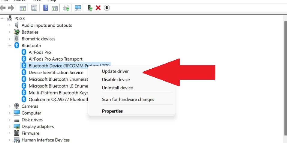 Menu chuột phải trên thiết bị Bluetooth để chọn Update driver