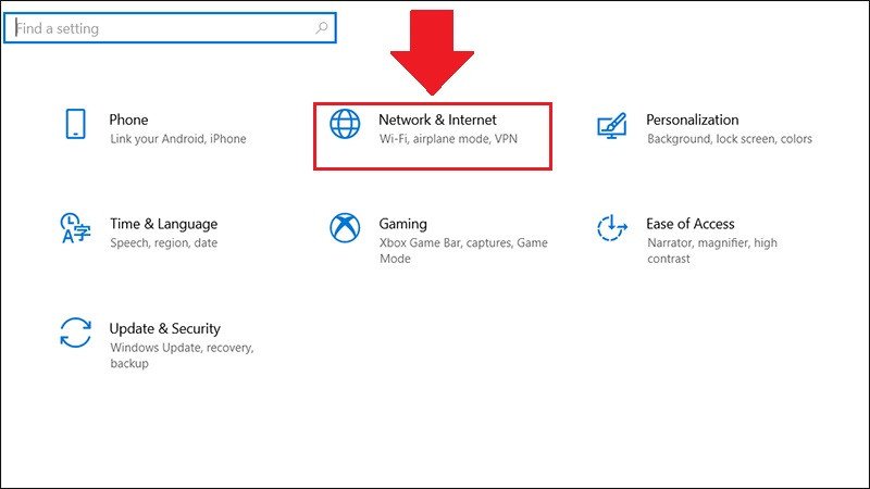 Mở cài đặt Network và Internet trên Win 10