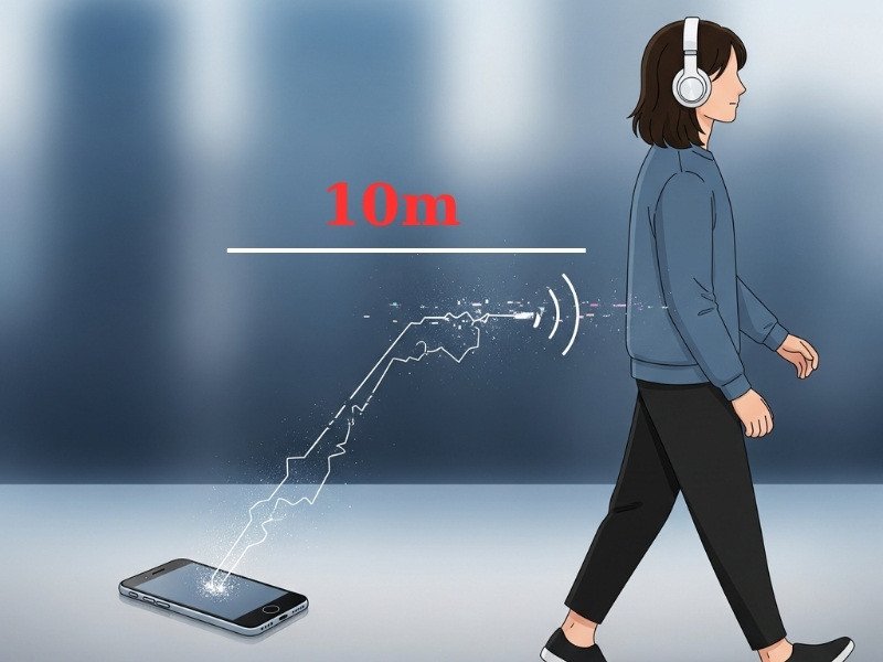 Người dùng đang ngồi và sử dụng tai nghe Bluetooth với điện thoại, minh họa khoảng cách kết nối phù hợp