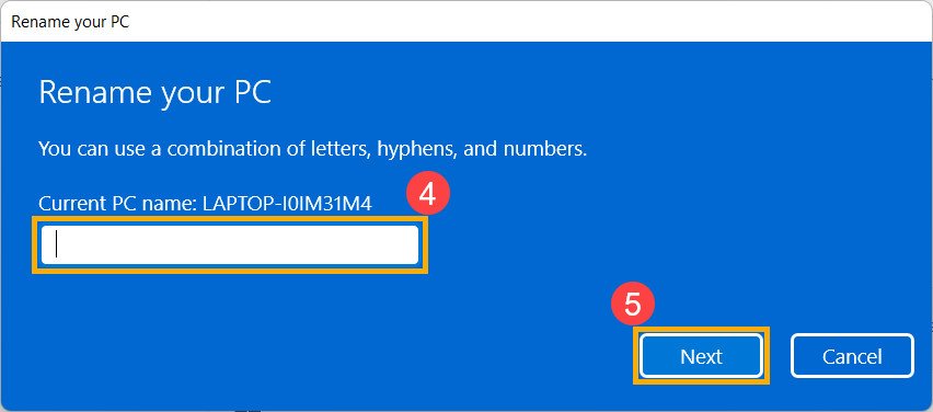 Nhập tên mới cho máy tính Windows 11 của bạn