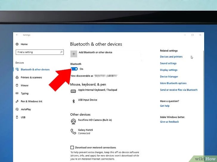 Nút bật/tắt Bluetooth trong cài đặt Windows, kích hoạt để kết nối tai nghe không dây