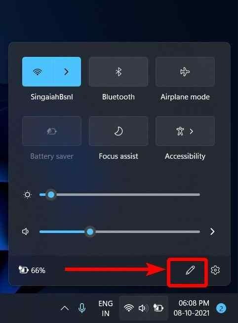 Nút "Chỉnh sửa" trong trung tâm hành động Windows 11 để tùy chỉnh các phím chức năng.