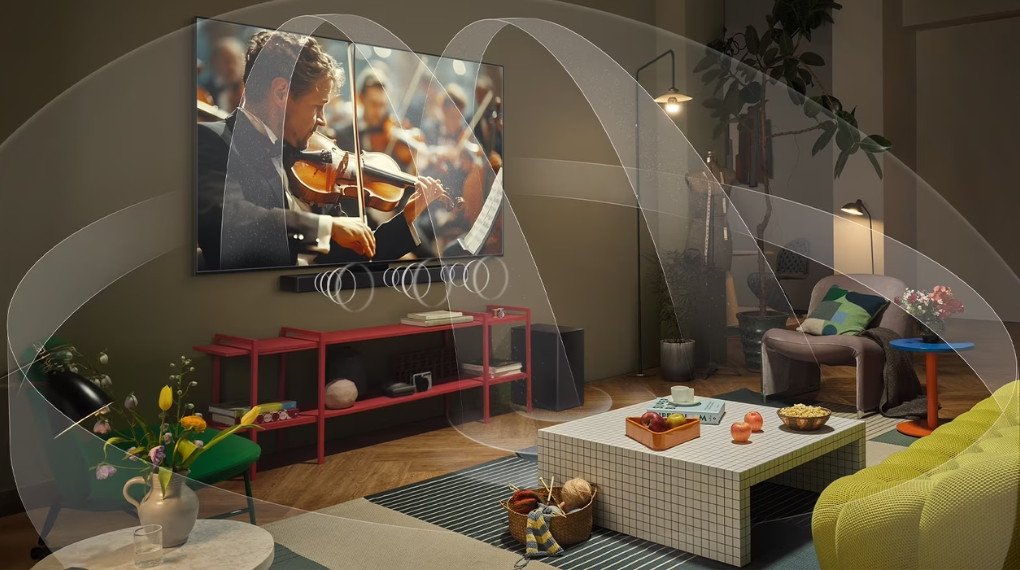 Smart TV LG OLED AI 4K 55 inch với hệ thống loa tích hợp công nghệ âm thanh vòm Dolby Atmos, nâng cao trải nghiệm giải trí tại gia.