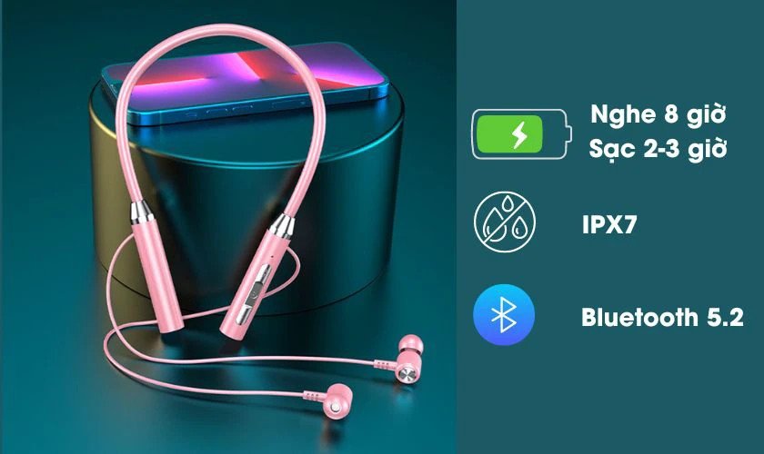 Tai nghe Bluetooth 5.2 thể thao G01 màu đen với thiết kế quàng cổ