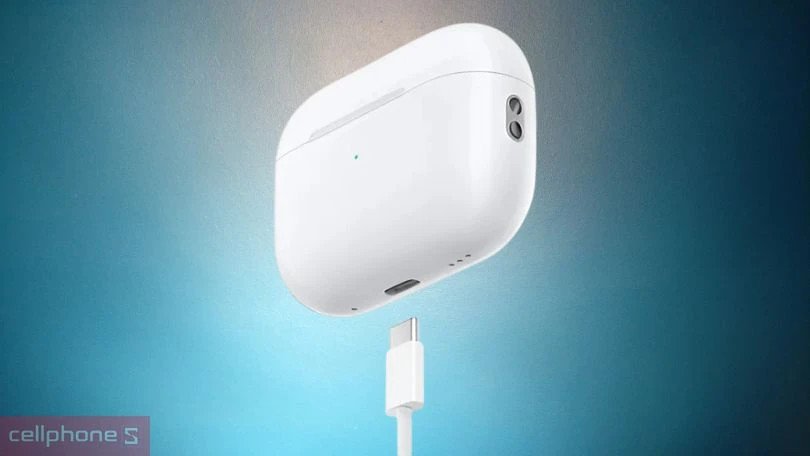 Tai nghe bluetooth đang được đặt vào hộp sạc, hiển thị đèn báo hiệu quá trình sạc pin