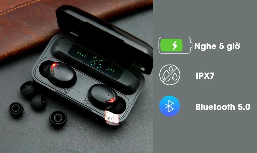 Tai nghe Bluetooth F9 Pro thương hiệu PAGINI màu đen với hộp sạc