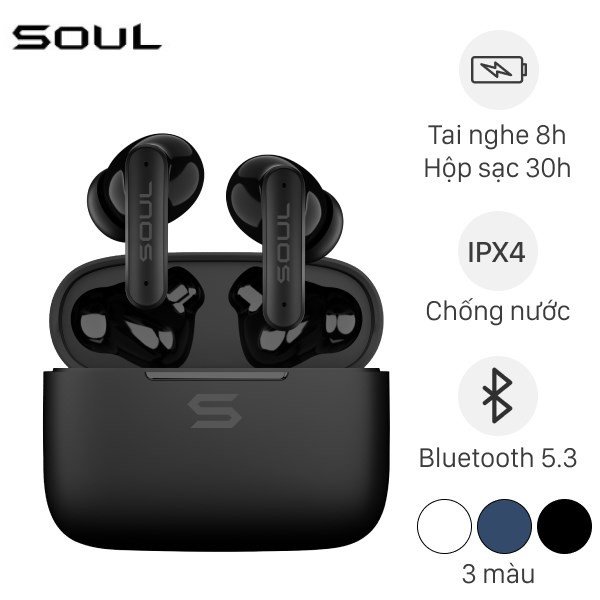 Tai nghe không dây SOUL S-LIVE 30 màu đen, mẫu tai nghe bluetooth giá rẻ dưới 500k cho âm thanh sống động.