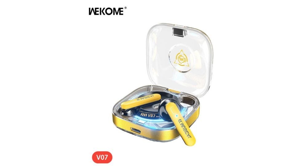 Tai nghe WEKOME V07 màu trắng với thiết kế viên con nhộng độc đáo, đại diện cho dòng tai nghe bluetooth tốt nhất với hiệu suất cao và thời lượng pin dài.